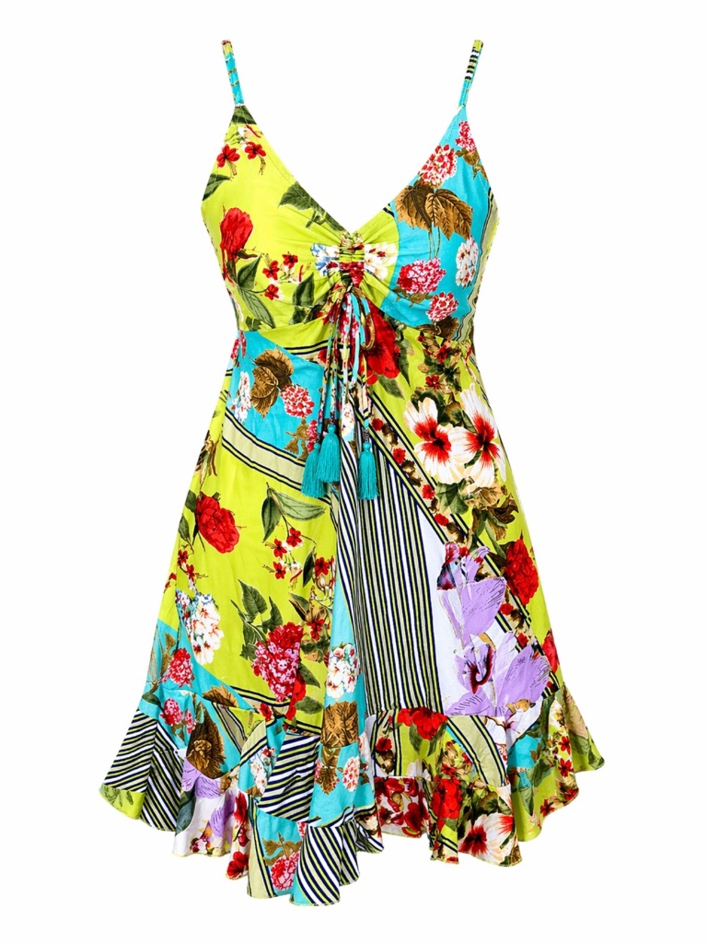Marila Floral Patchwork Boho Sundress Y2K Cottagecore Slip Mini Dress-Small‎